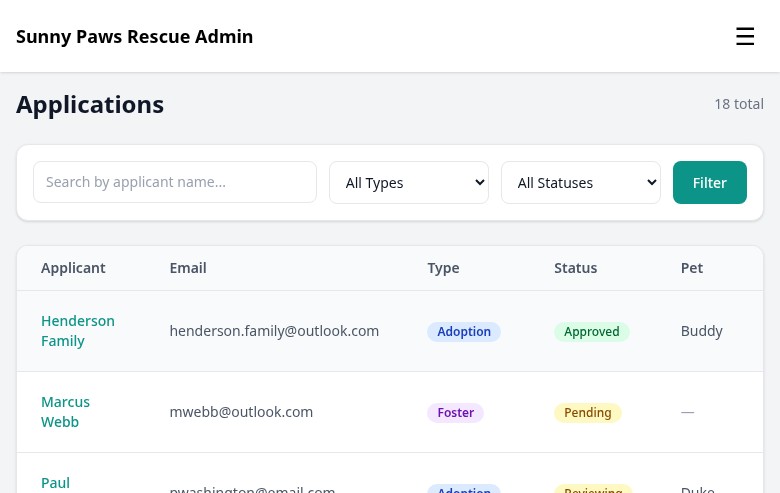 FosterFlow application management with type and status filters