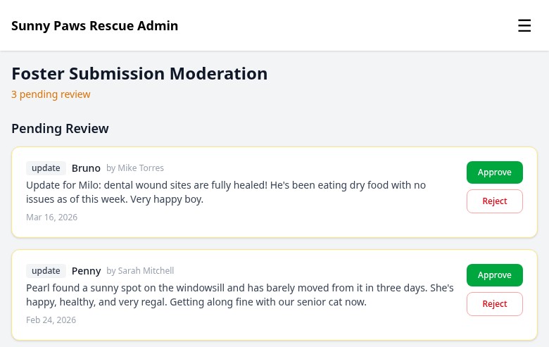 FosterFlow foster moderation queue with approve and reject actions
