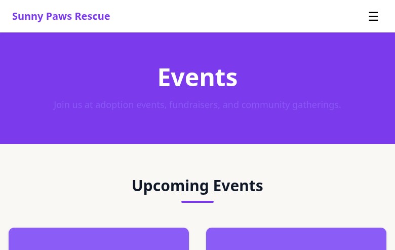 FosterFlow events page showing upcoming adoption days and fundraisers