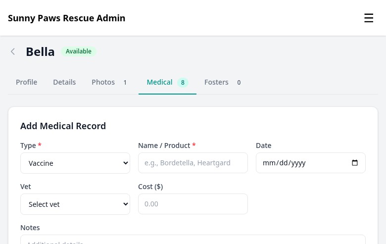 Medical records tab with add record form