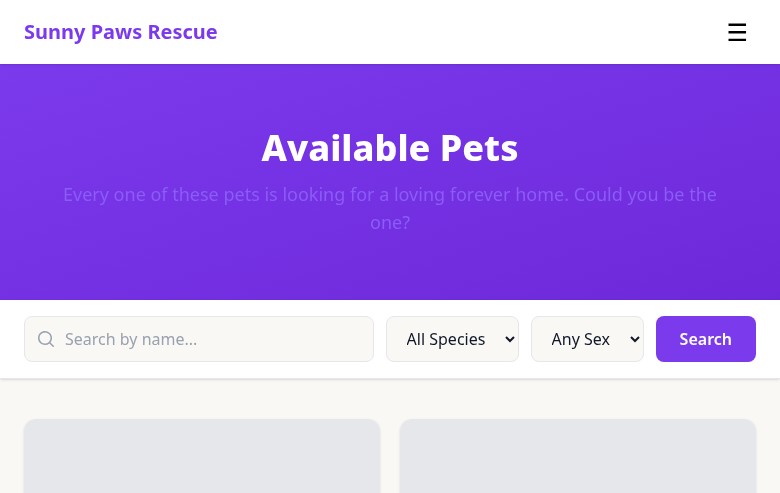 Public pets listing page with search and species filters
